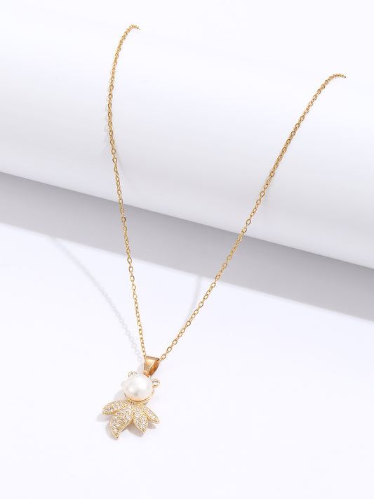 Cute Leaf Man with Pearl Zircon Crystals Gold Tone Pendant Necklace
