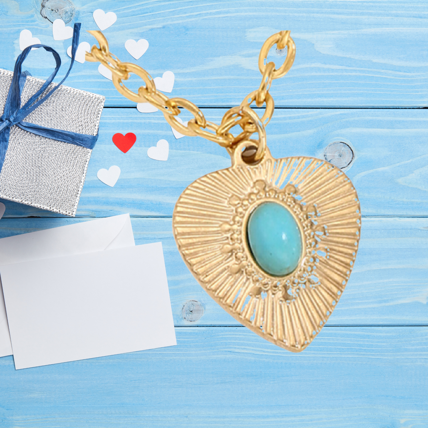 Turquoise Heart-Shaped Blue Gemstone Gold Tone Pendant Necklace