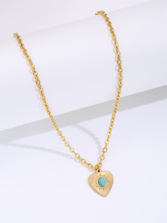Turquoise Heart-Shaped Blue Gemstone Gold Tone Pendant Necklace