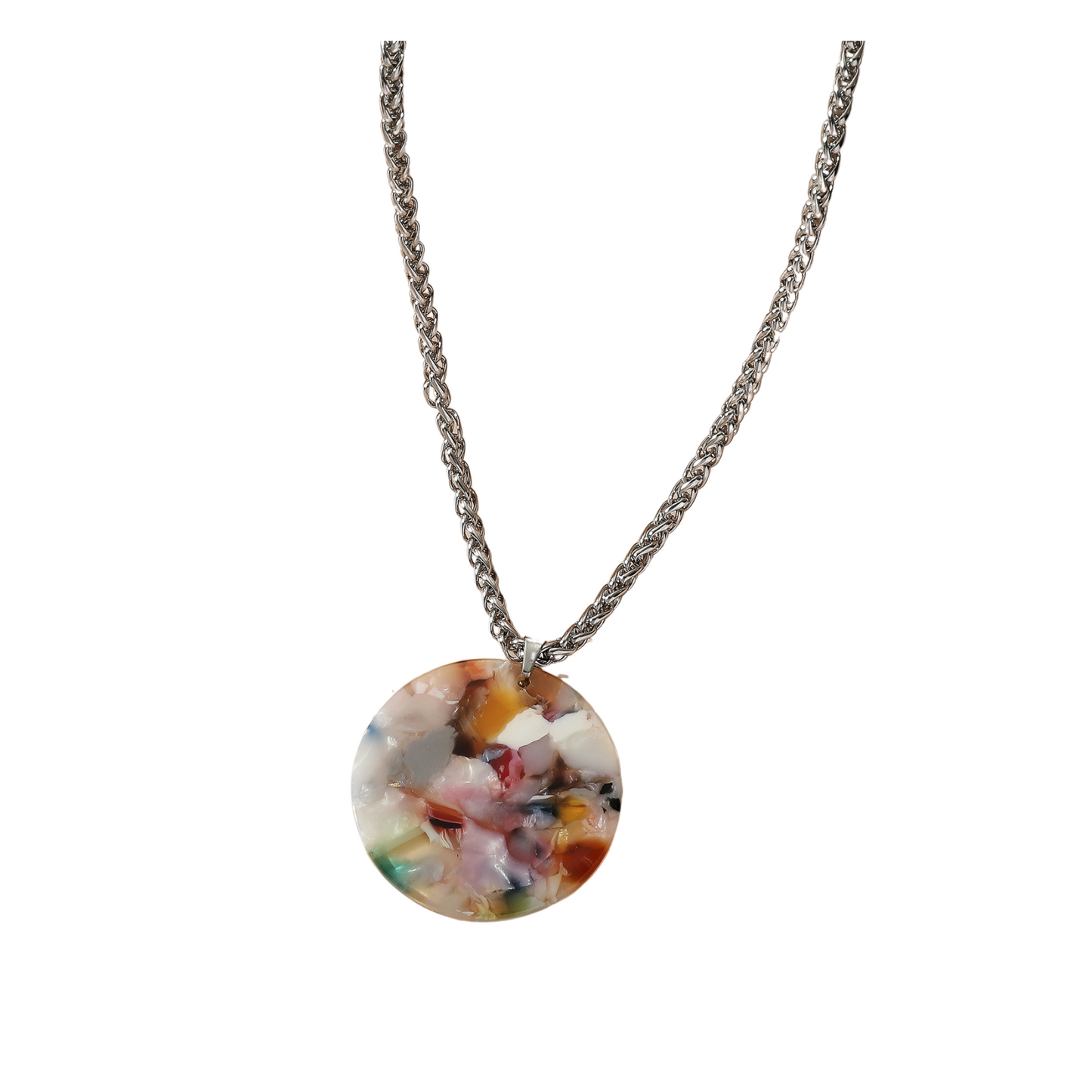 Round Multi Colour Acrylic Silver Tone Pendant Necklace