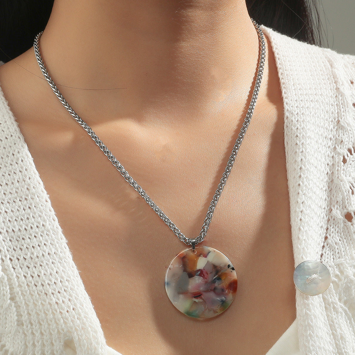 Round Multi Colour Acrylic Silver Tone Pendant Necklace