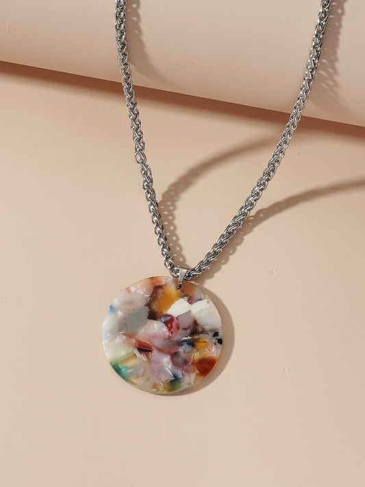 Round Multi Colour Acrylic Silver Tone Pendant Necklace