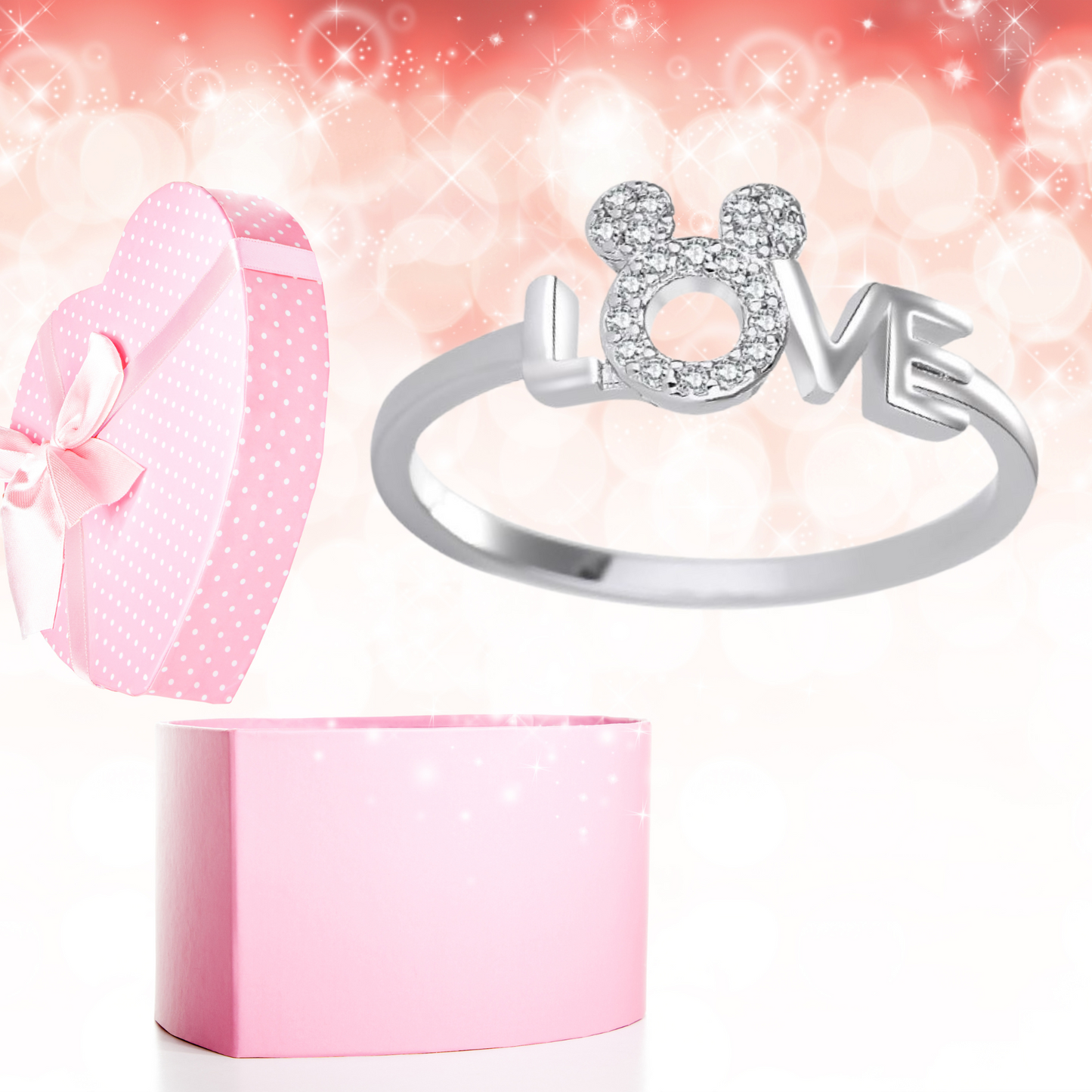 Mickey Minnie Mouse LOVE Zircon Crystals Silver Tone Ring