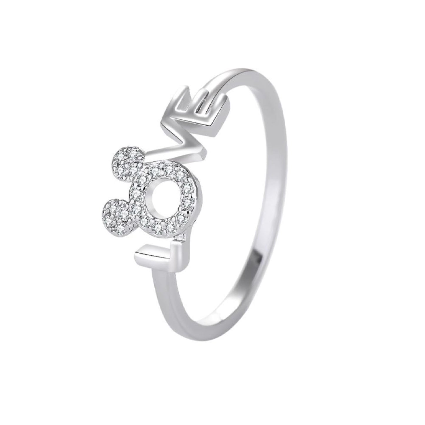 Mickey Minnie Mouse LOVE Zircon Crystals Silver Tone Ring