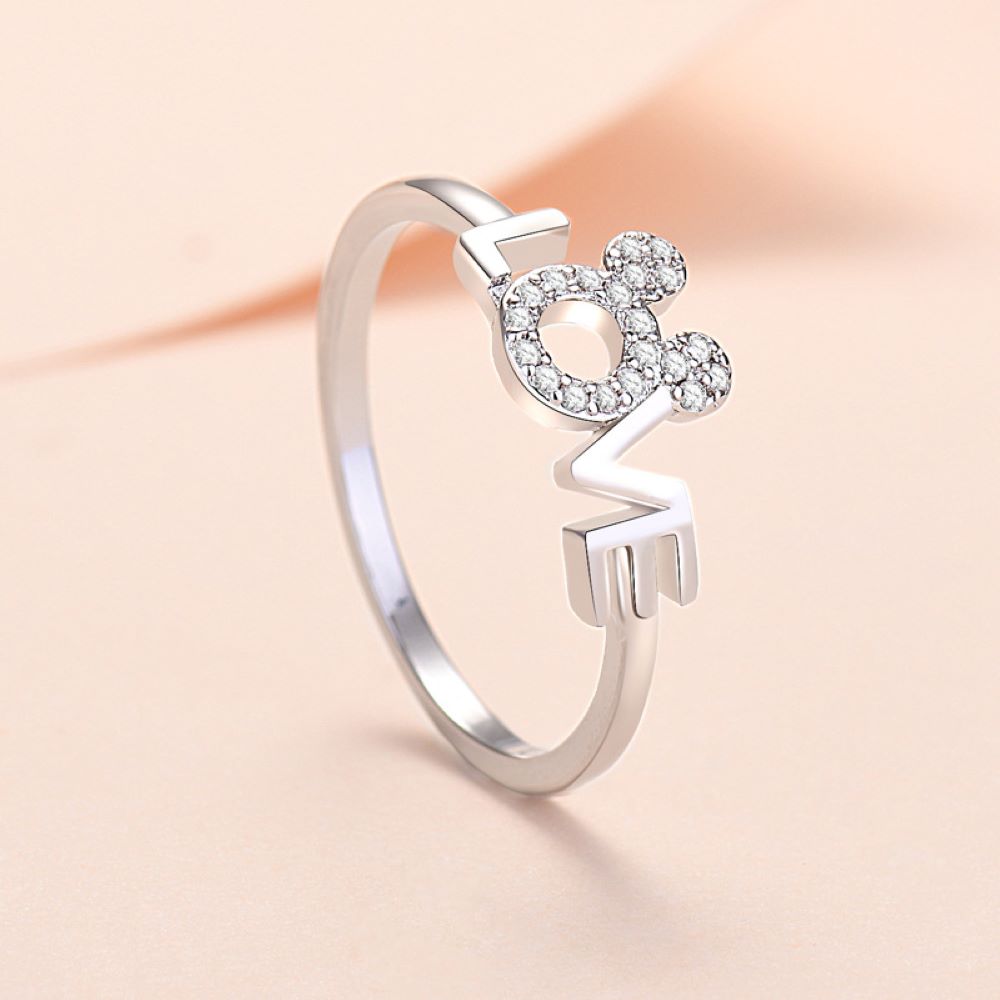 Mickey Minnie Mouse LOVE Zircon Crystals Silver Tone Ring