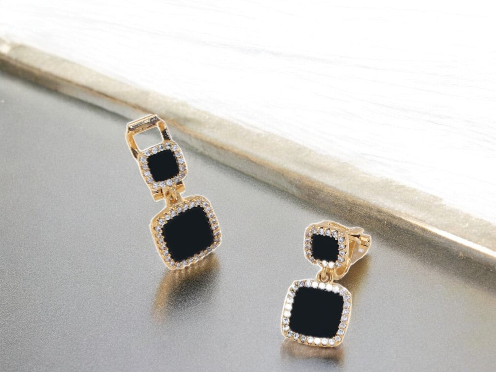 Gold Tone Square Black Drop Earrings Ear Clip Cuff Non Pierced