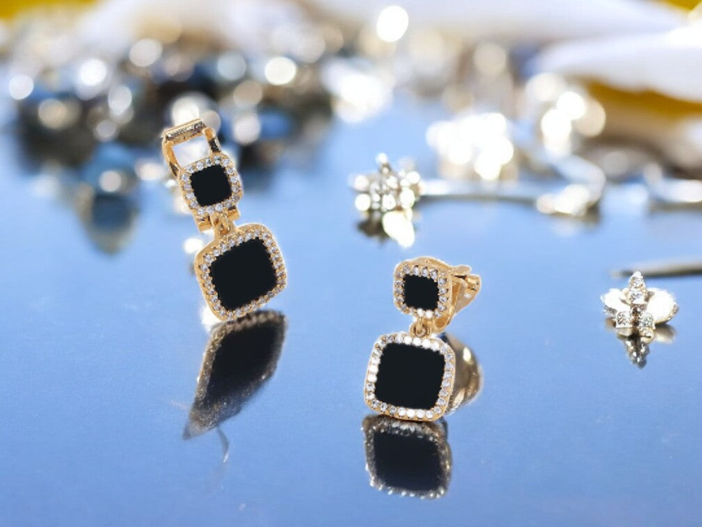 Gold Tone Square Black Drop Earrings Ear Clip Cuff Non Pierced