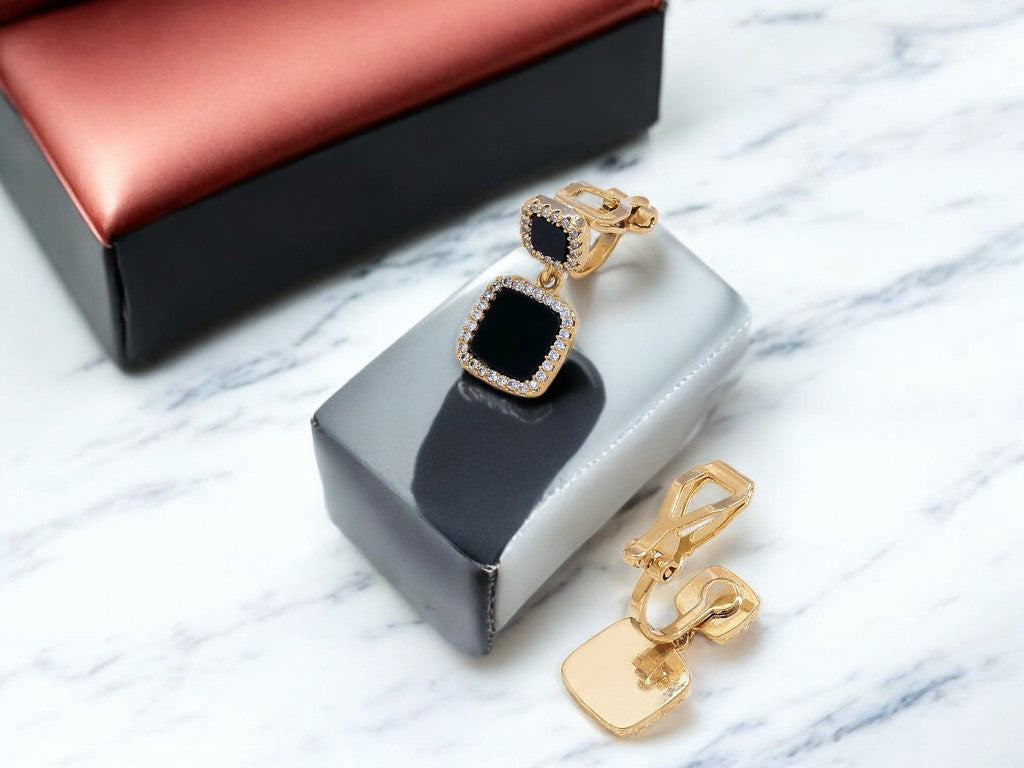 Gold Tone Square Black Drop Earrings Ear Clip Cuff Non Pierced