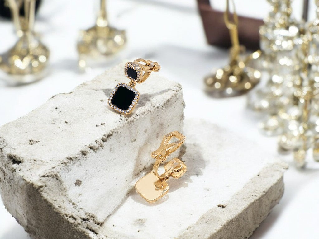 Gold Tone Square Black Drop Earrings Ear Clip Cuff Non Pierced