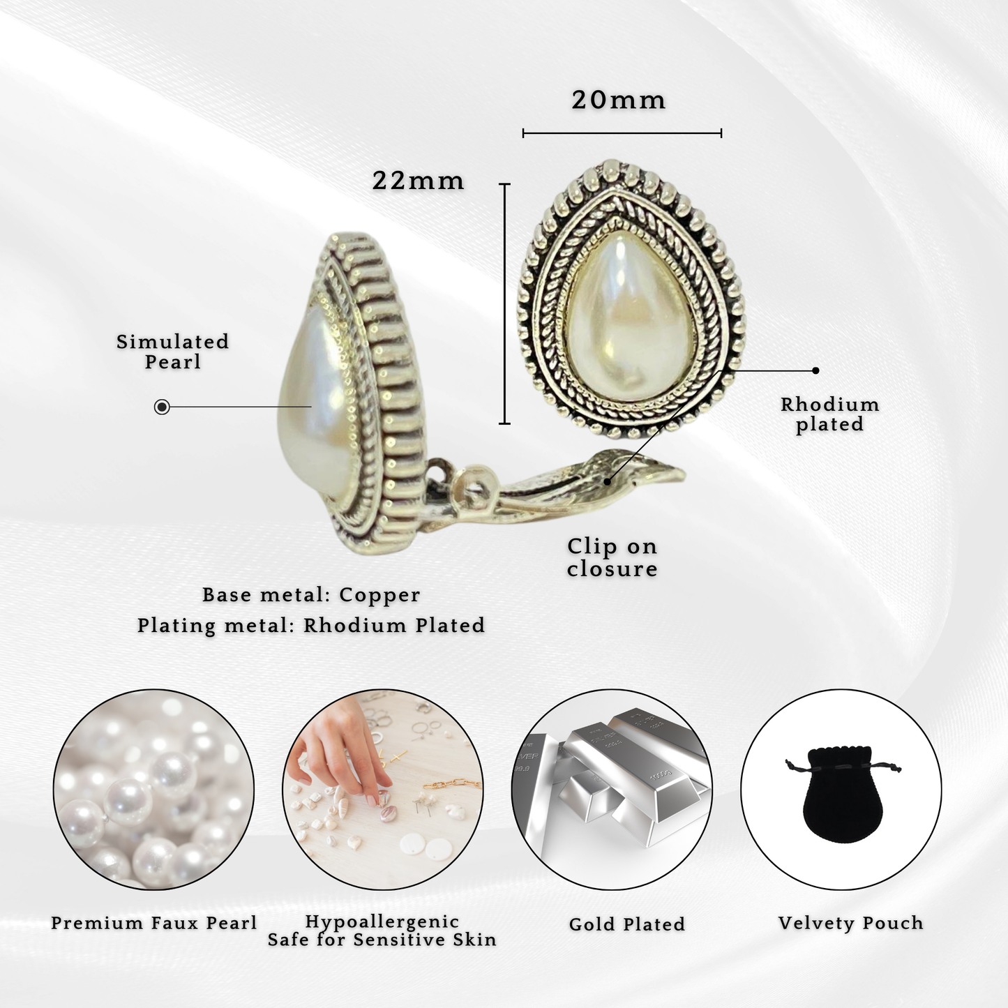 Pearl Teardrop Non Pierced Clip on Stud Earrings