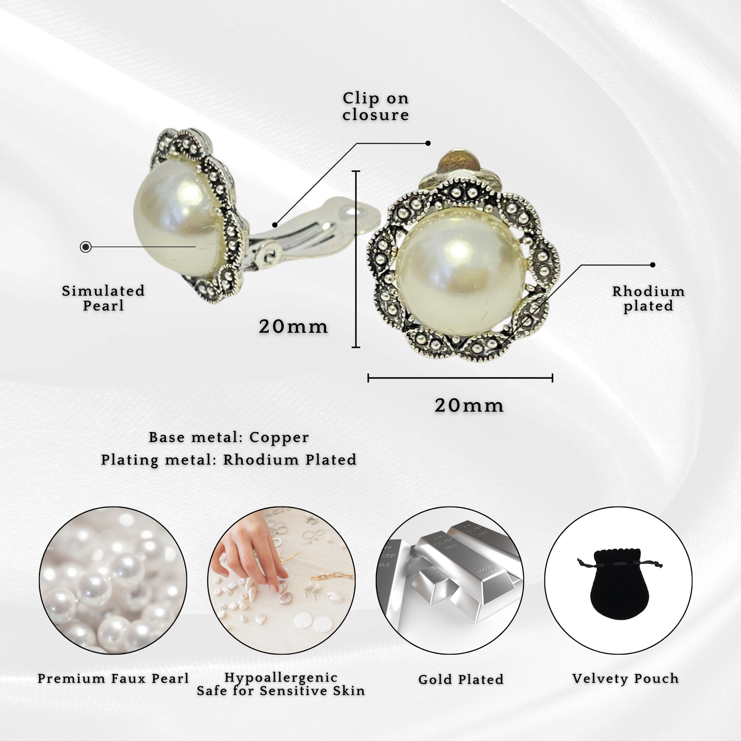 Pearl Round Non Pierced Clip on Stud Earrings
