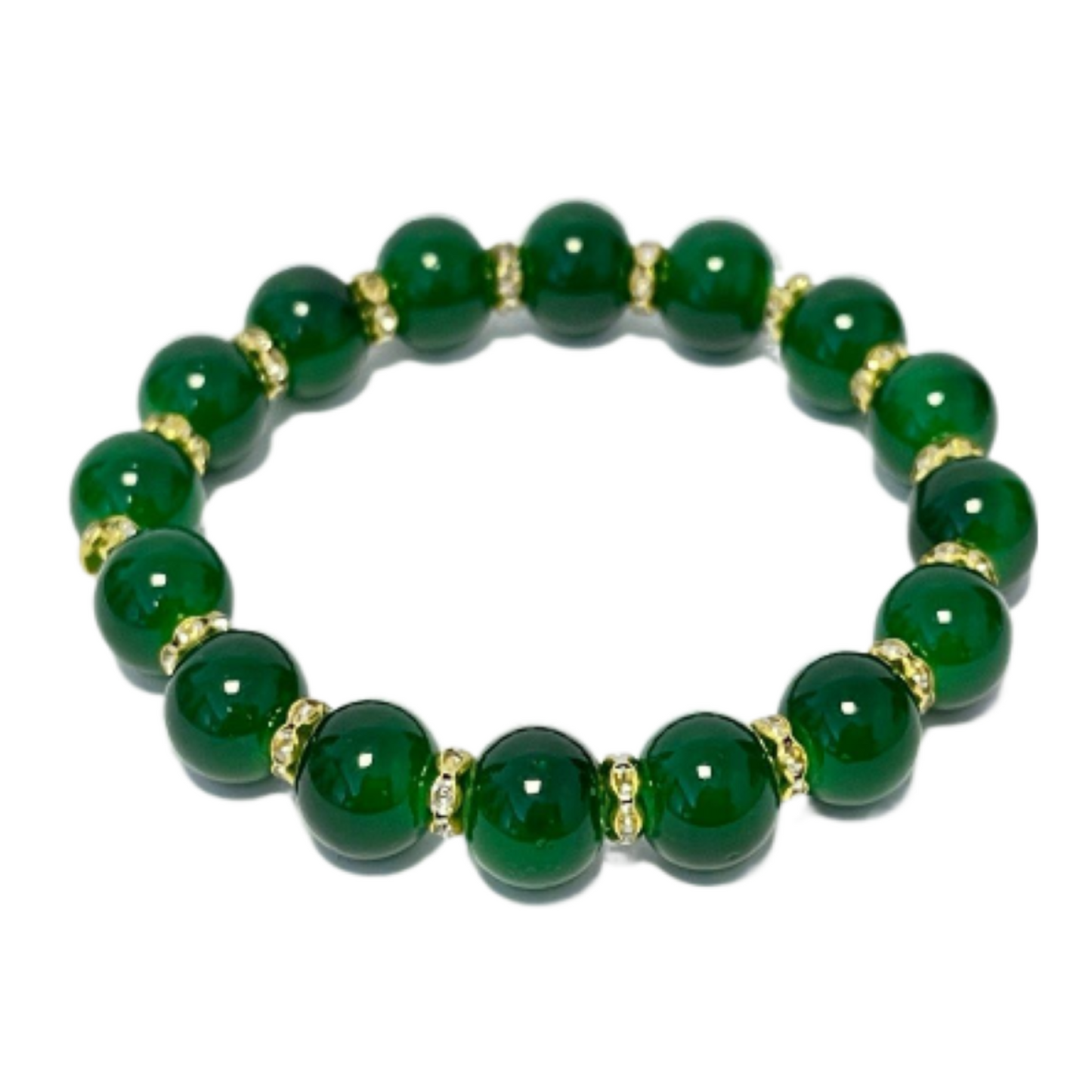 Women Green Round Jade Beads Zircon Crystals Gold Tone Bracelet