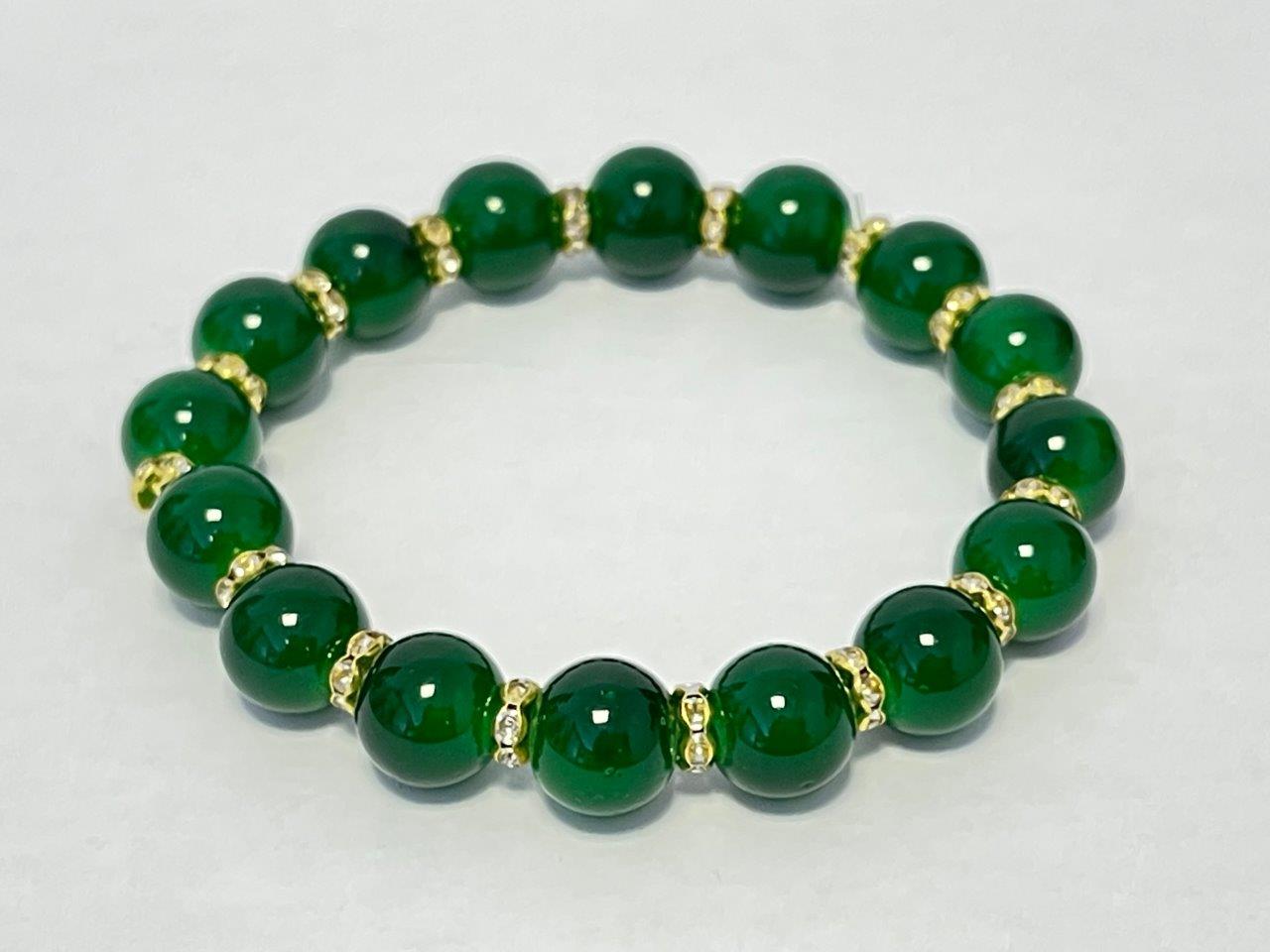 Women Green Round Jade Beads Zircon Crystals Gold Tone Bracelet