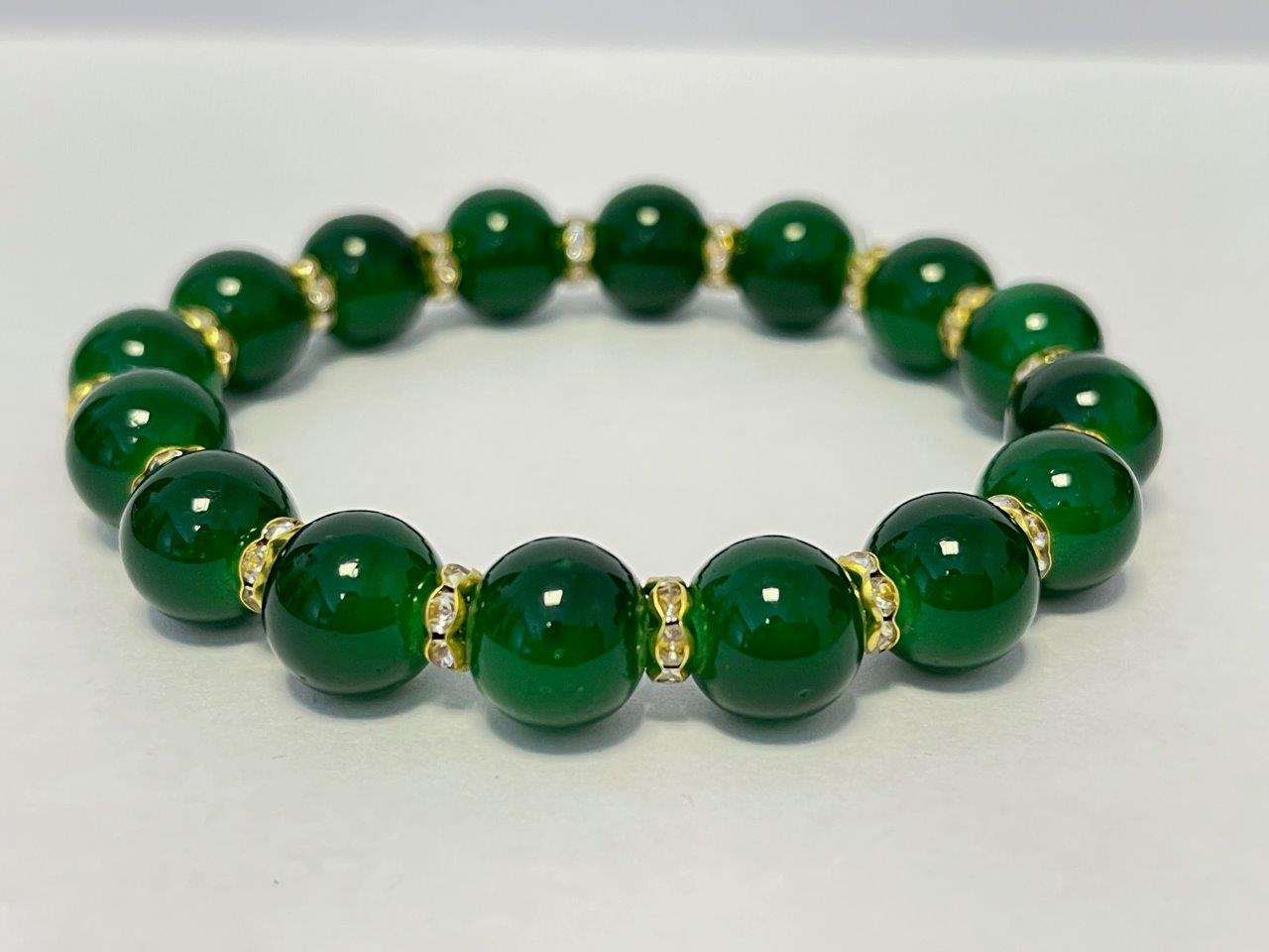 Women Green Round Jade Beads Zircon Crystals Gold Tone Bracelet