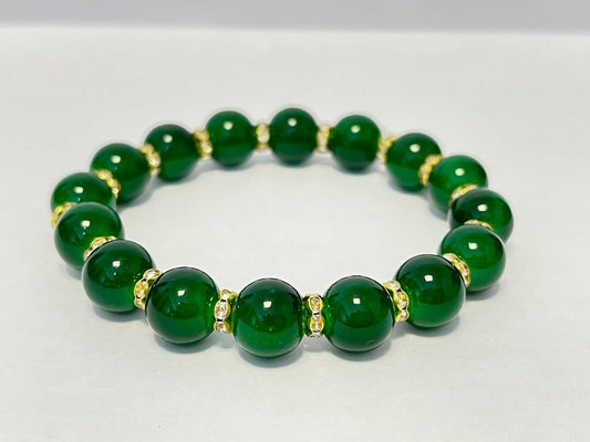 Women Green Round Jade Beads Zircon Crystals Gold Tone Bracelet