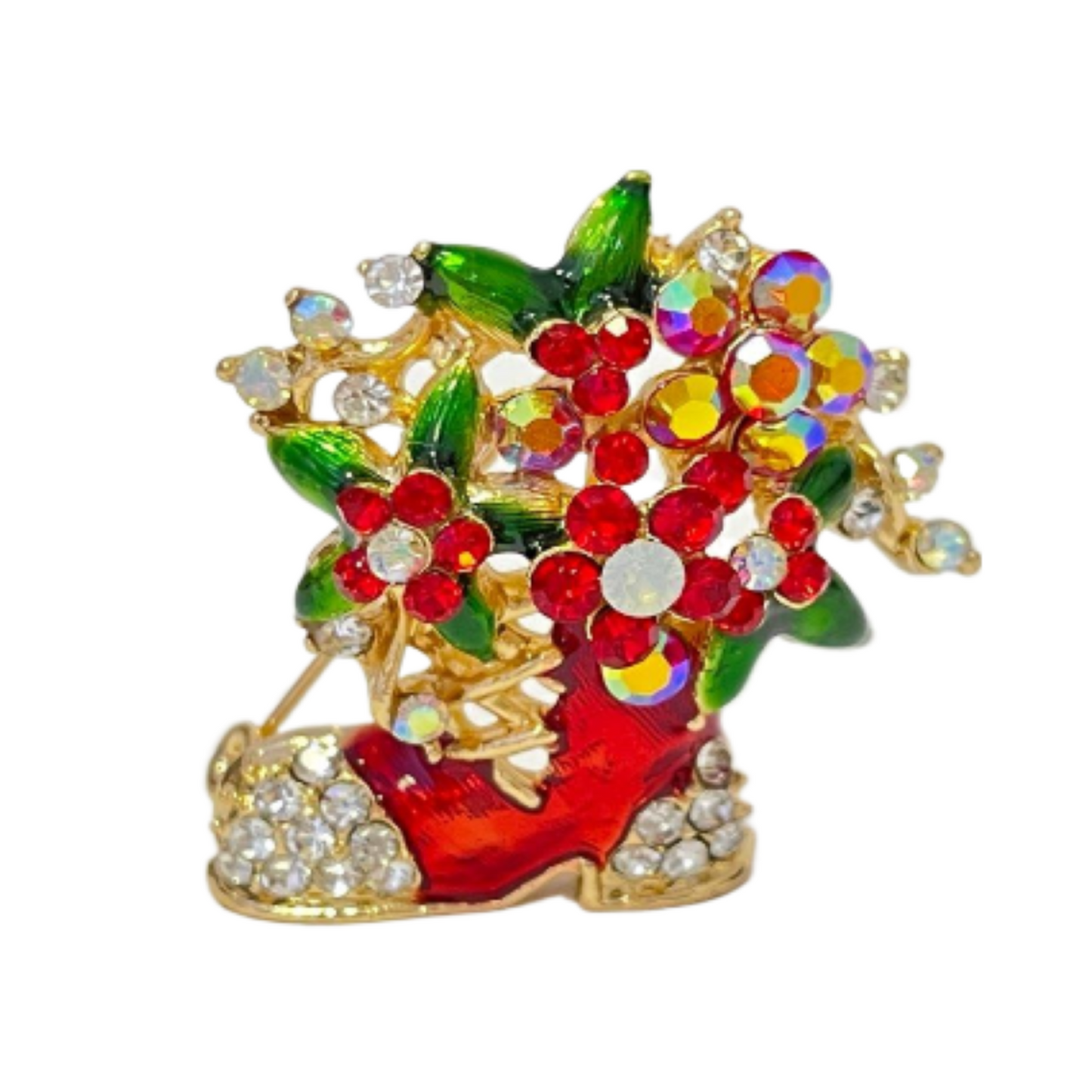 Christmas Rhinestone Crystal Stocking Boot Flower Brooch