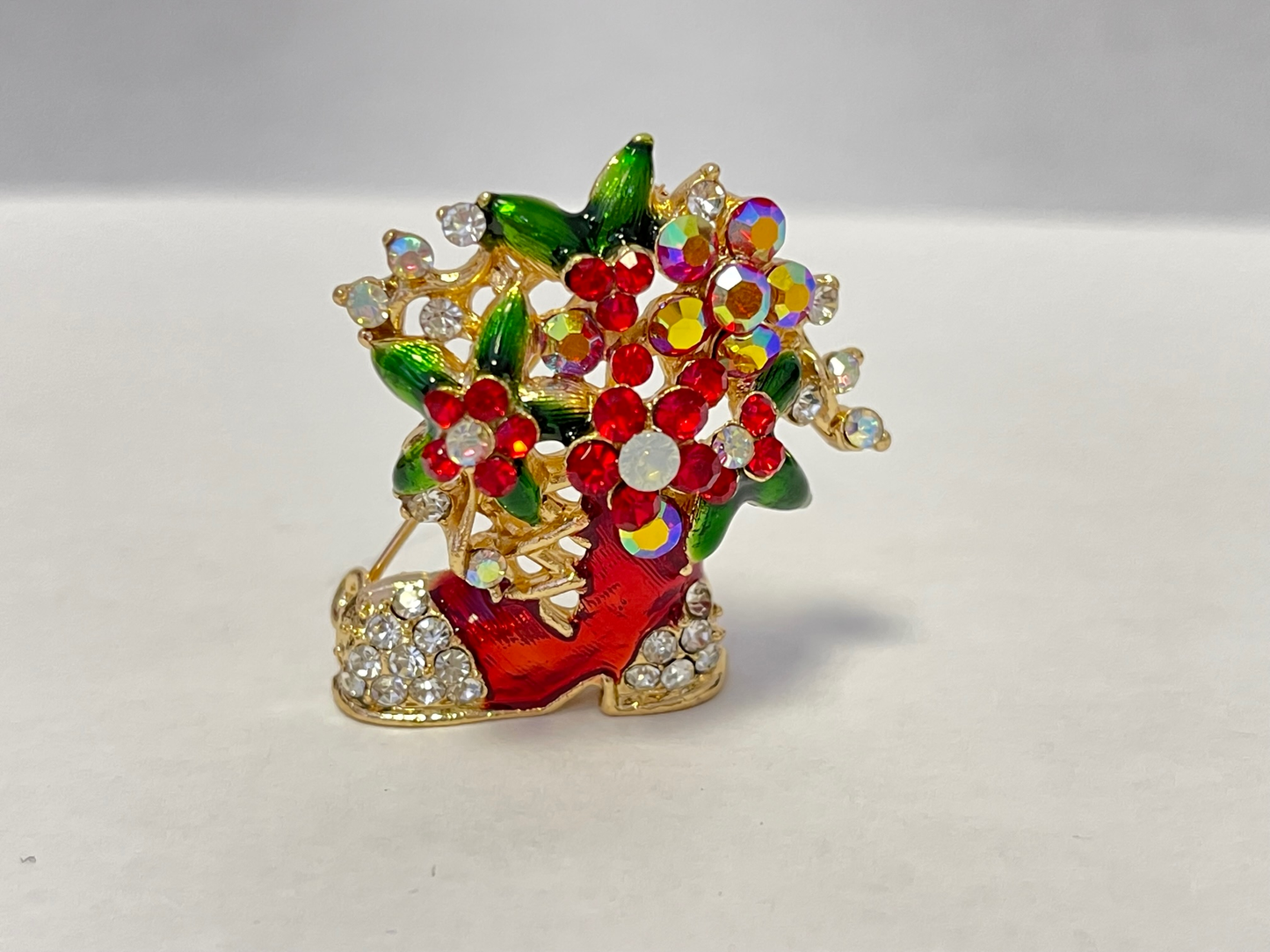 Christmas Rhinestone Crystal Stocking Boot Flower Brooch