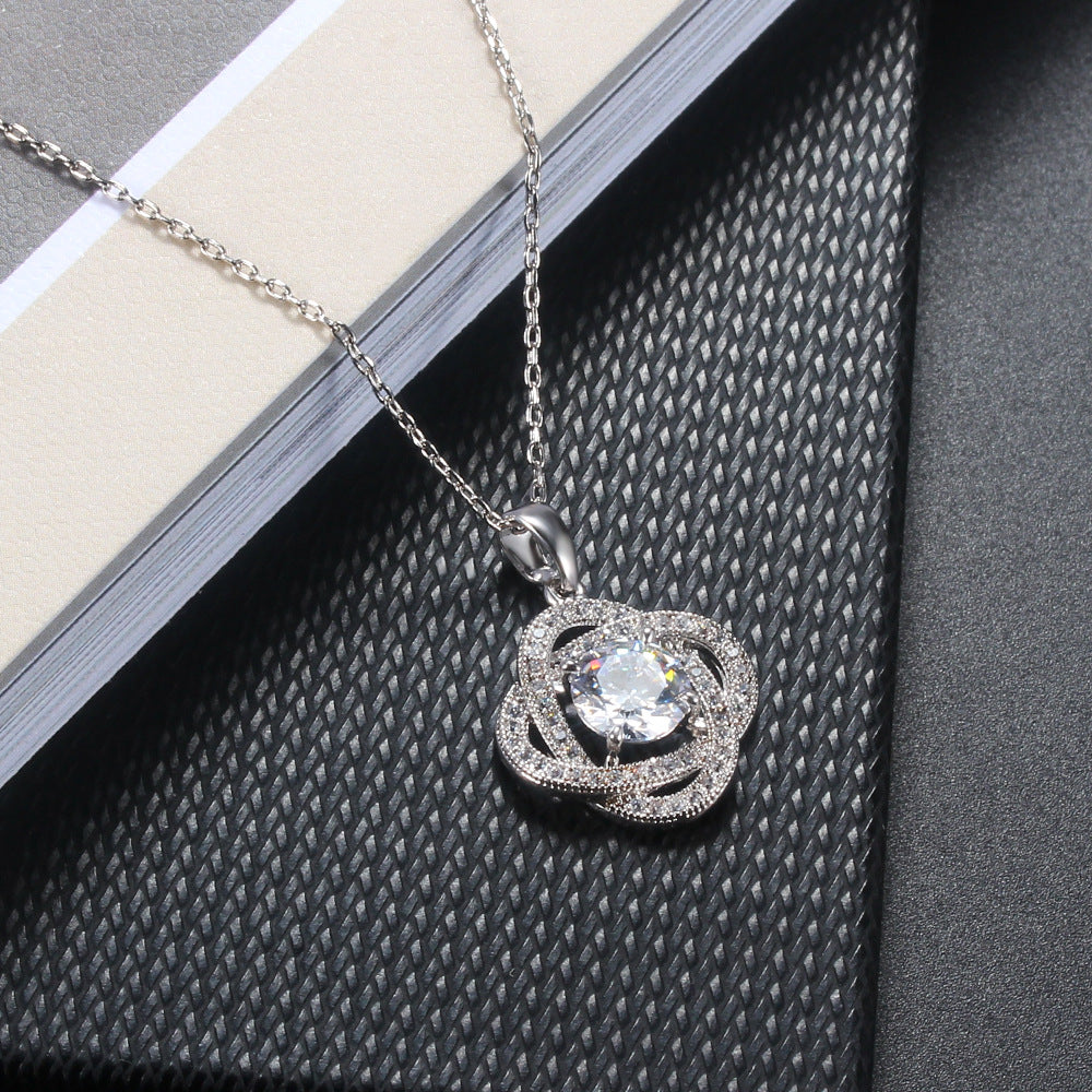 Four-Leaf Clover Lucky Zircon Crystals Silver Tone Pendant Necklace