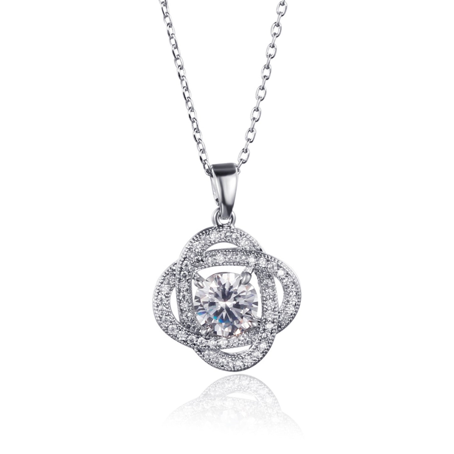Four-Leaf Clover Lucky Zircon Crystals Silver Tone Pendant Necklace