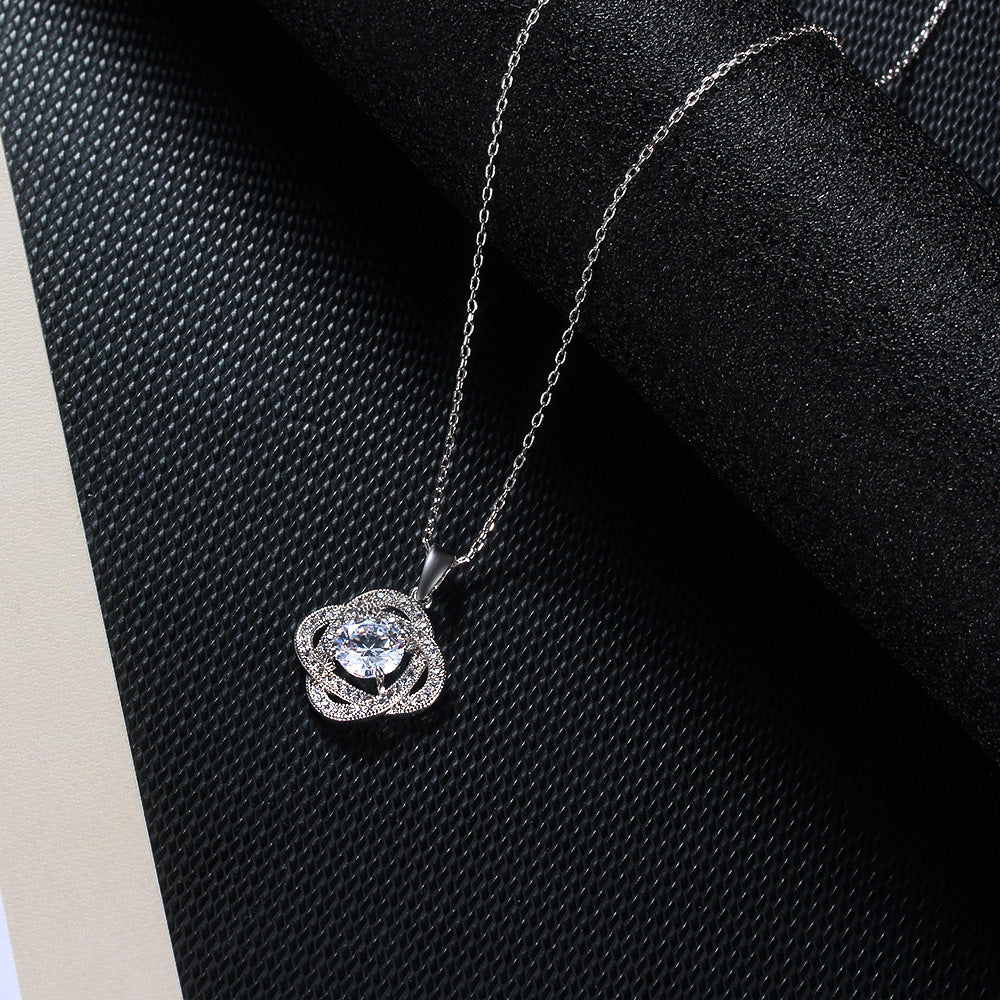 Four-Leaf Clover Lucky Zircon Crystals Silver Tone Pendant Necklace