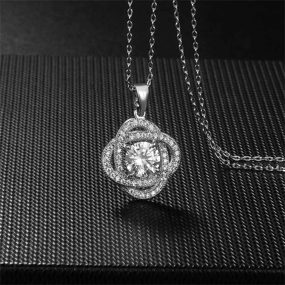 Four-Leaf Clover Lucky Zircon Crystals Silver Tone Pendant Necklace