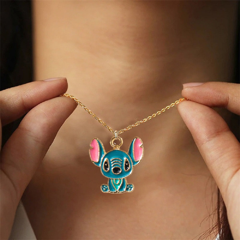 Lilo & Stitch Blue Pink Ohana Enamel Gold Tone Pendant Necklace