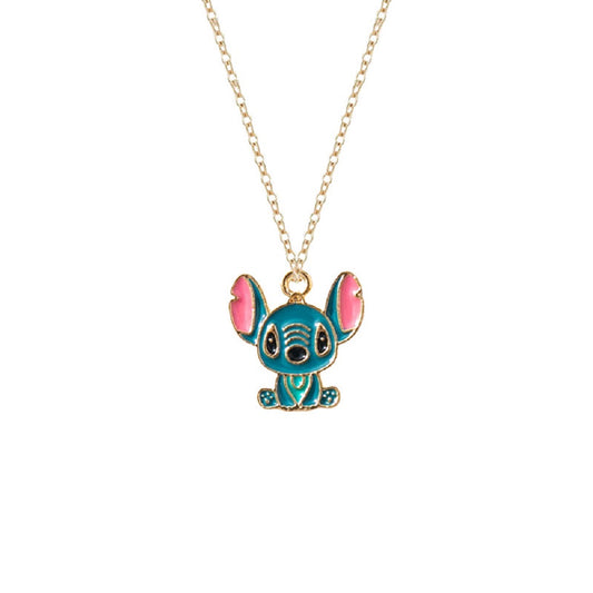 Lilo & Stitch Blue Pink Ohana Enamel Gold Tone Pendant Necklace