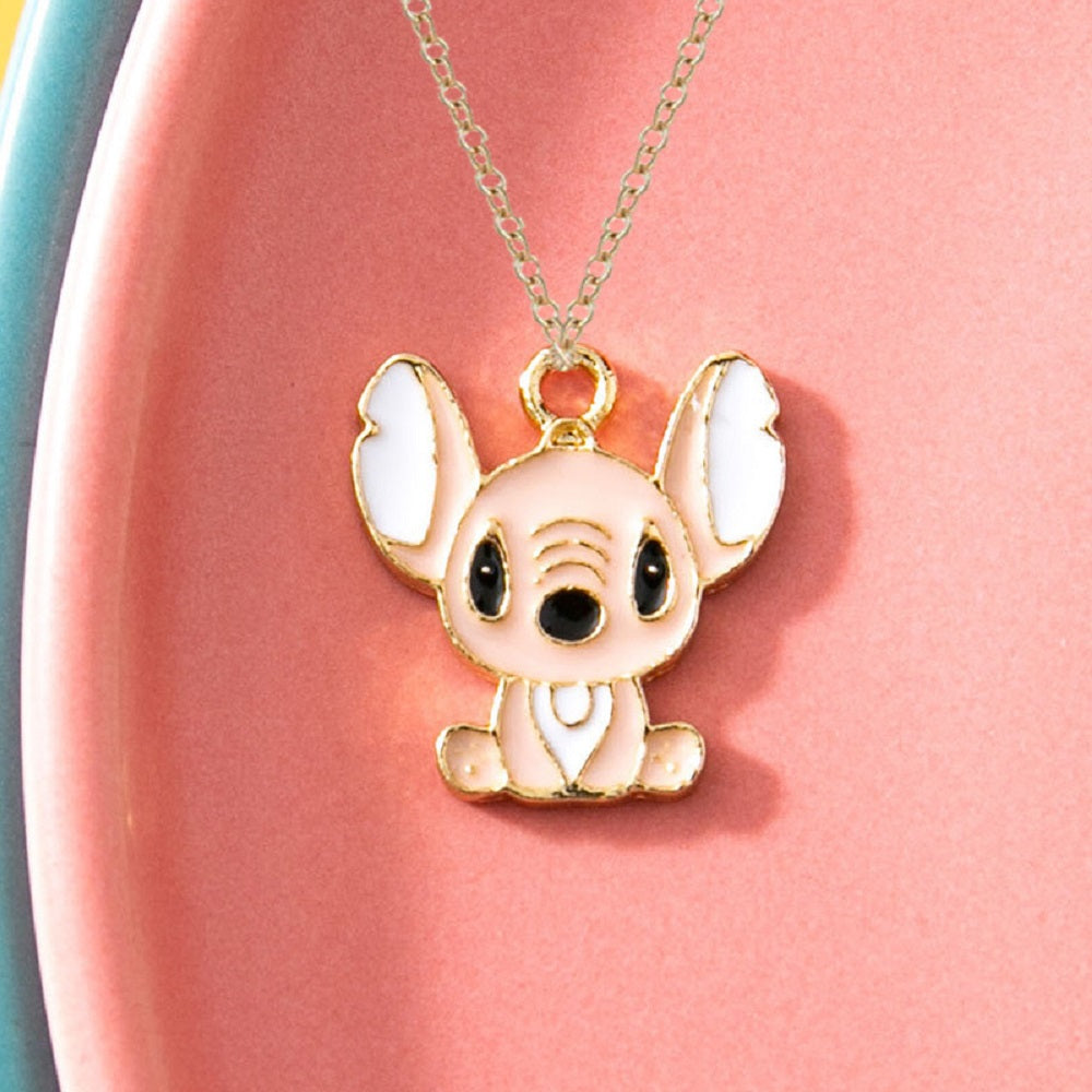 Lilo & Stitch Blue Pink Ohana Enamel Gold Tone Pendant Necklace