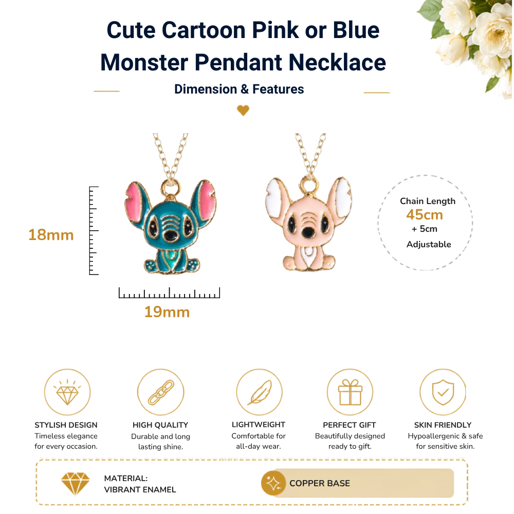 Lilo & Stitch Blue Pink Ohana Enamel Gold Tone Pendant Necklace