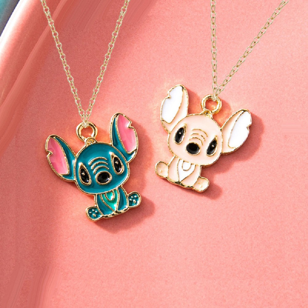 Lilo & Stitch Blue Pink Ohana Enamel Gold Tone Pendant Necklace