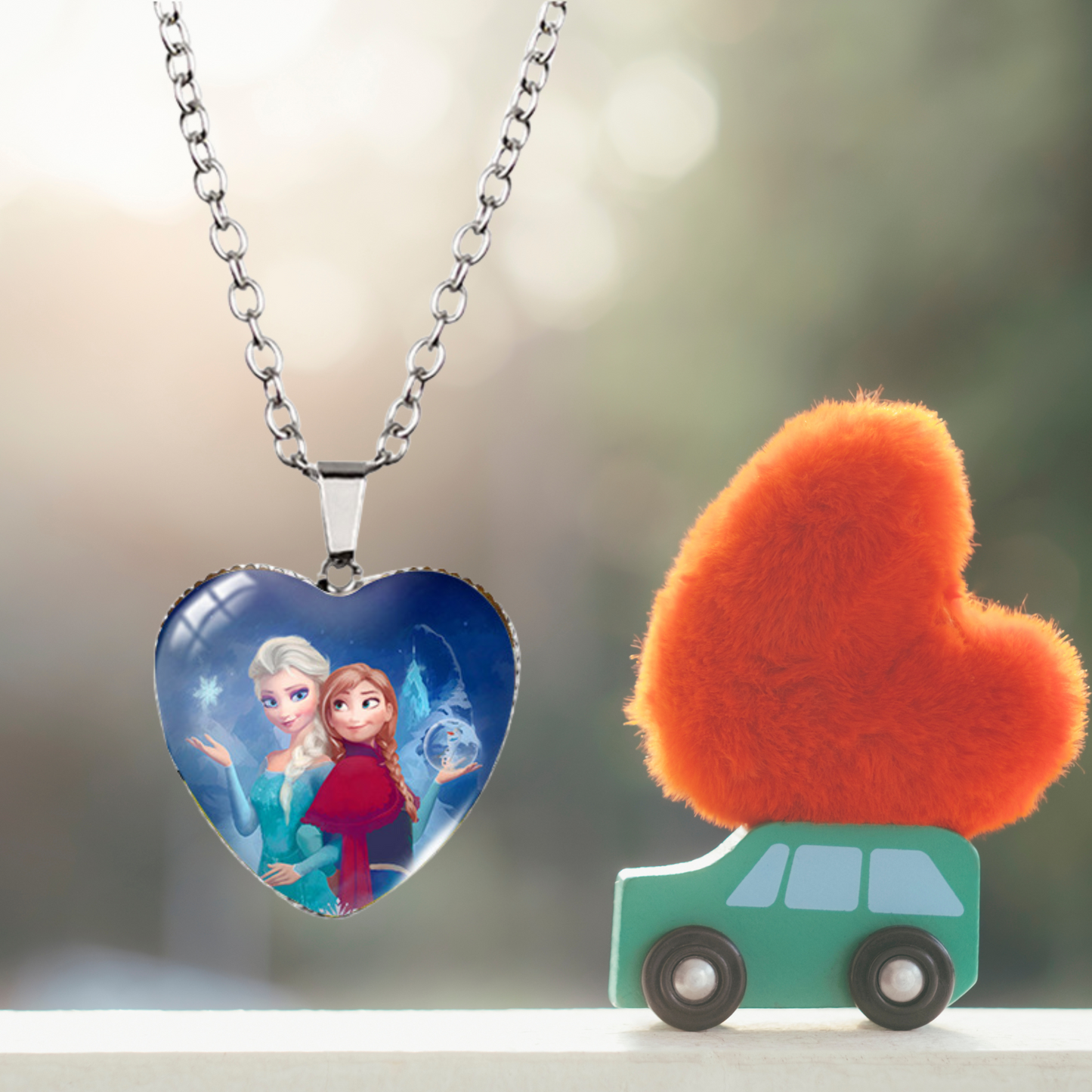 Elsa and Anna Heart-Shaped Enamel Sister Love Silver Pendant Necklace