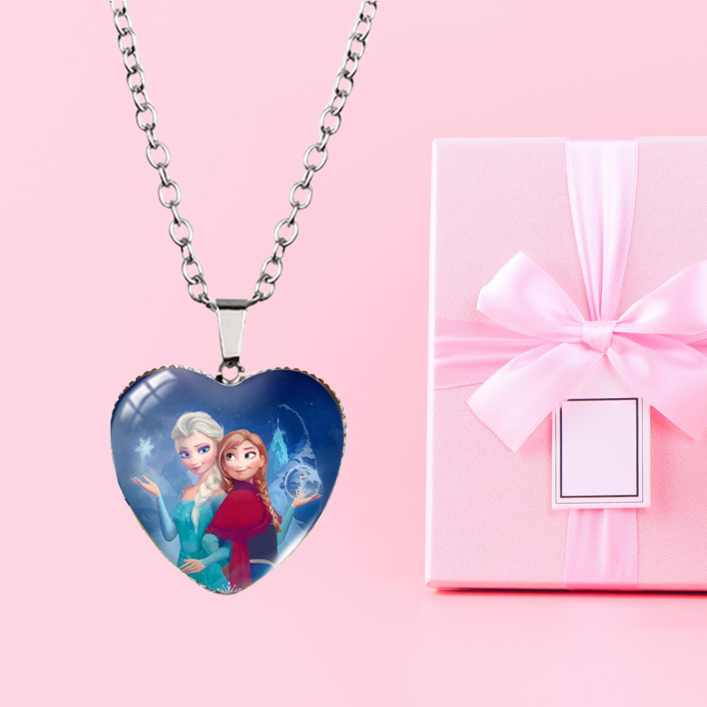 Elsa and Anna Heart-Shaped Enamel Sister Love Silver Pendant Necklace