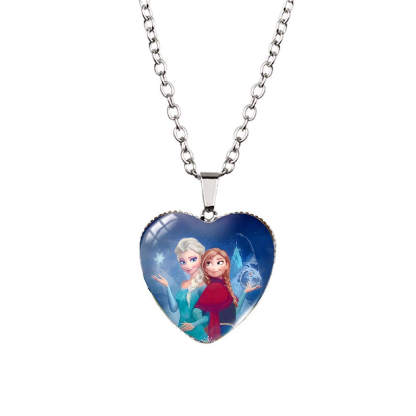 Elsa and Anna Heart-Shaped Enamel Sister Love Silver Pendant Necklace