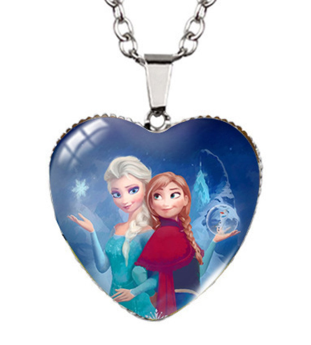 Elsa and Anna Heart-Shaped Enamel Sister Love Silver Pendant Necklace