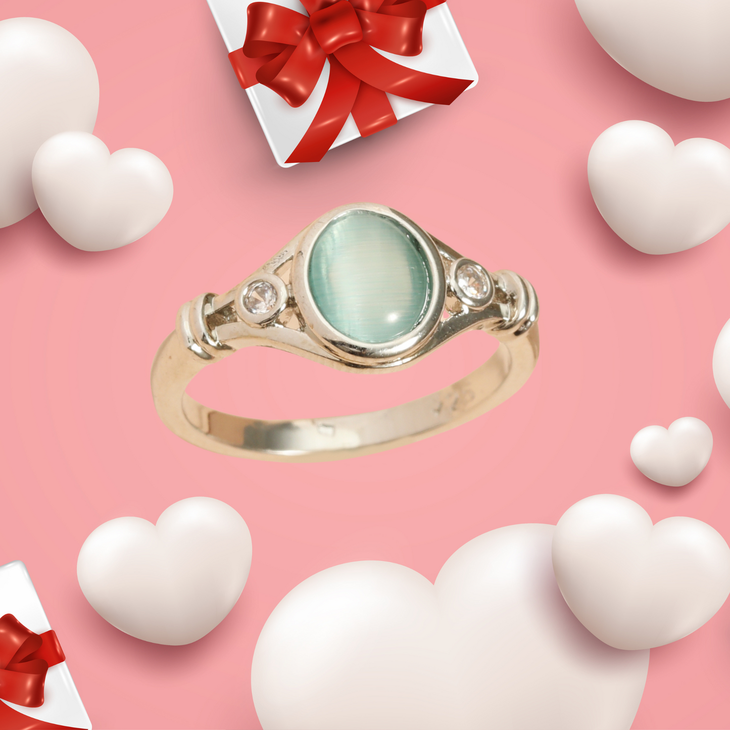 Oval Turquoise Natural Gemstone Zircon Crystal Three Stone Ring