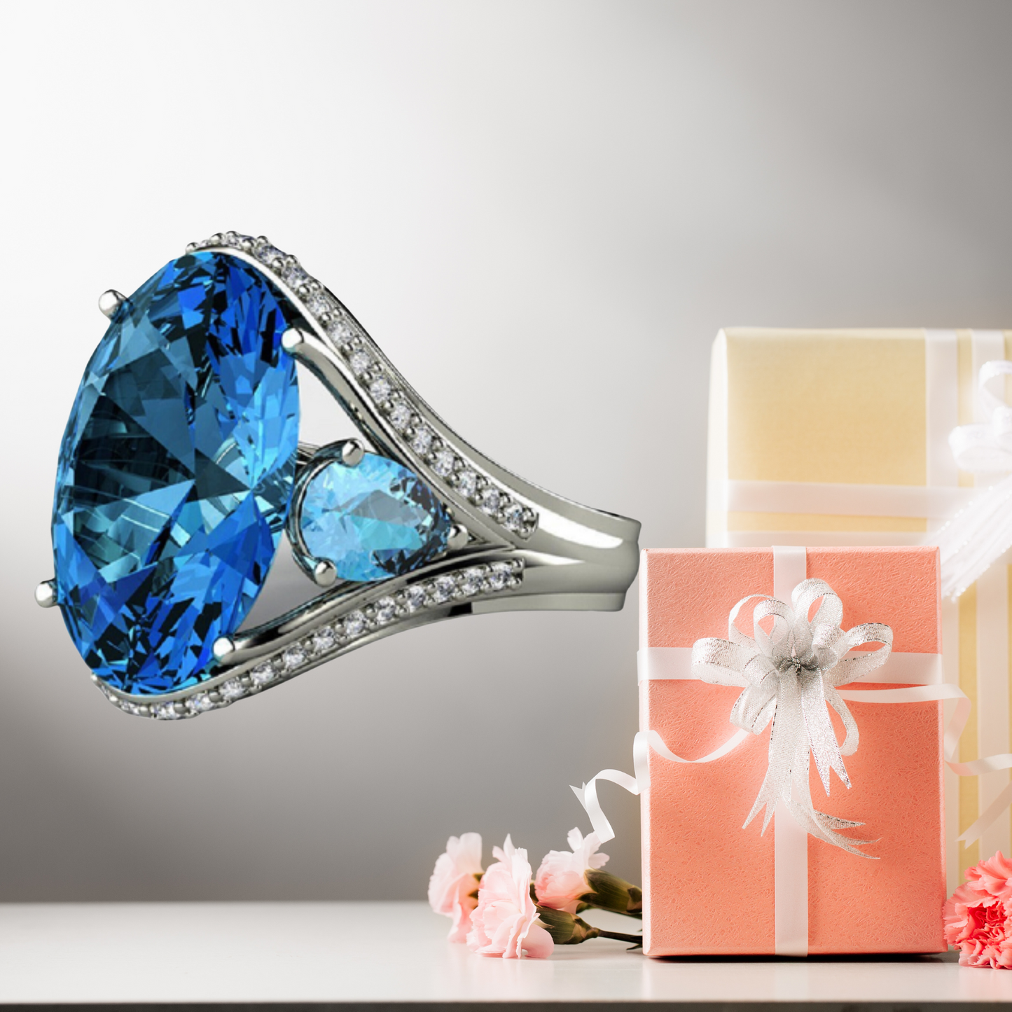 Blue Sapphire Oval Three Stone Zircon Crystal Ring