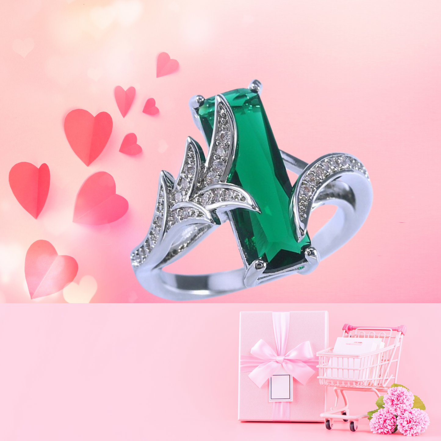 Green Topaz Baguette Princess Rectangle Crystal Ring