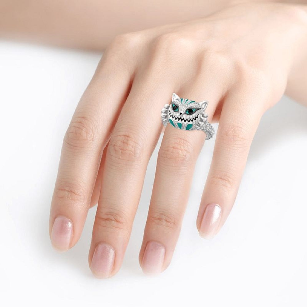 Skull Cat Face Stitch Crystal Filled Silver Tone Ring