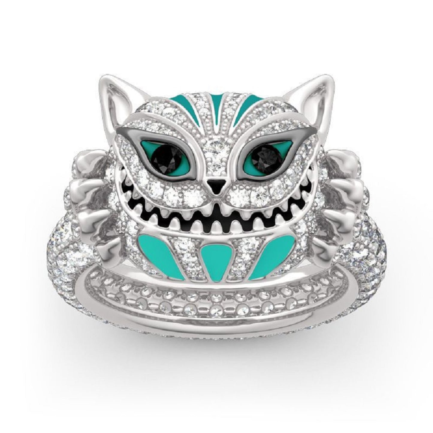 Skull Cat Face Stitch Crystal Filled Silver Tone Ring