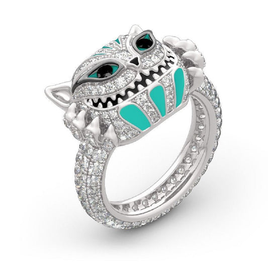 Skull Cat Face Stitch Crystal Filled Silver Tone Ring