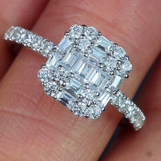 Princess Square Silver Simulated Diamond Cluster Ring