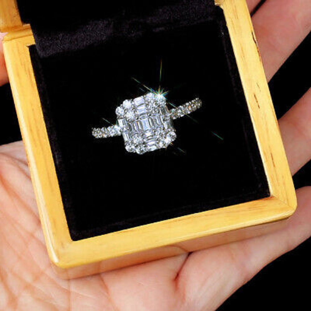 Princess Square Silver Simulated Diamond Cluster Ring