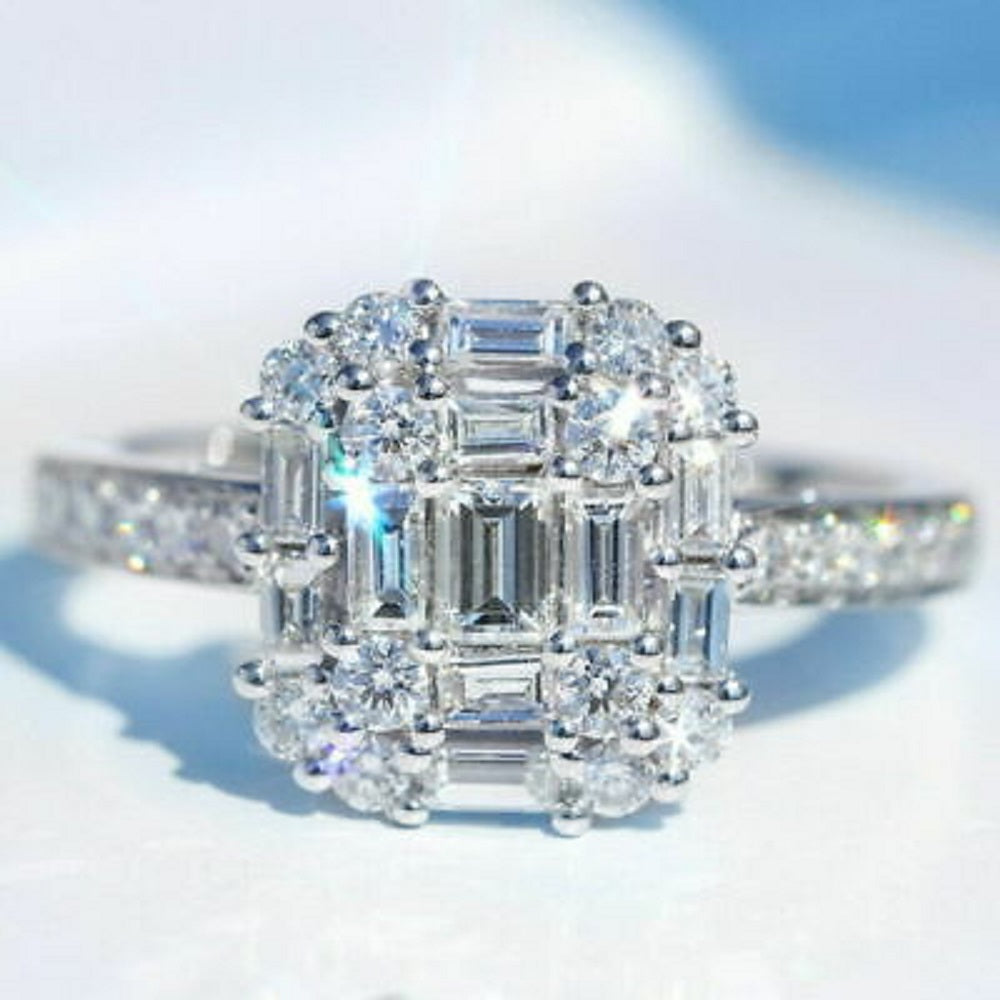 Princess Square Silver Simulated Diamond Cluster Ring