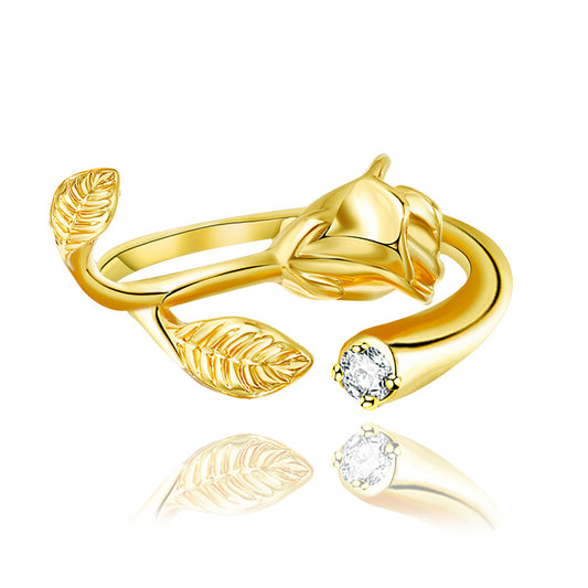 Golden Rose Flower with Zirconia Crystal Open Ring Adjustable