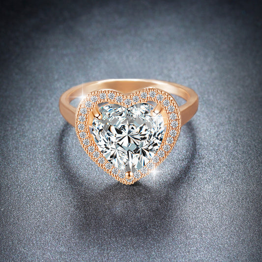 Halo Heart-Shaped Love Crystal Ring Rose Gold