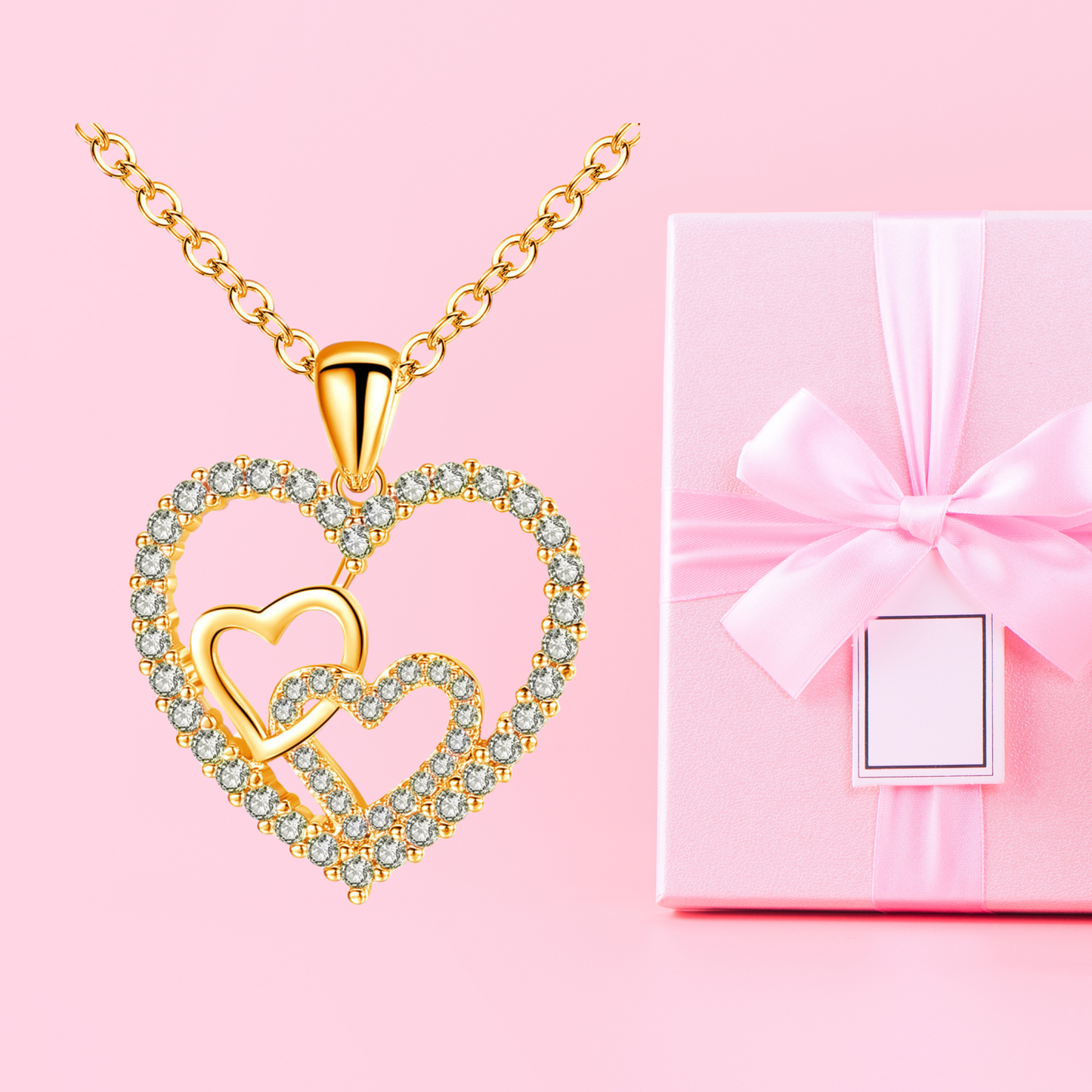 Double Heart Zircon Crystals Love Gold Tone Pendant Necklace