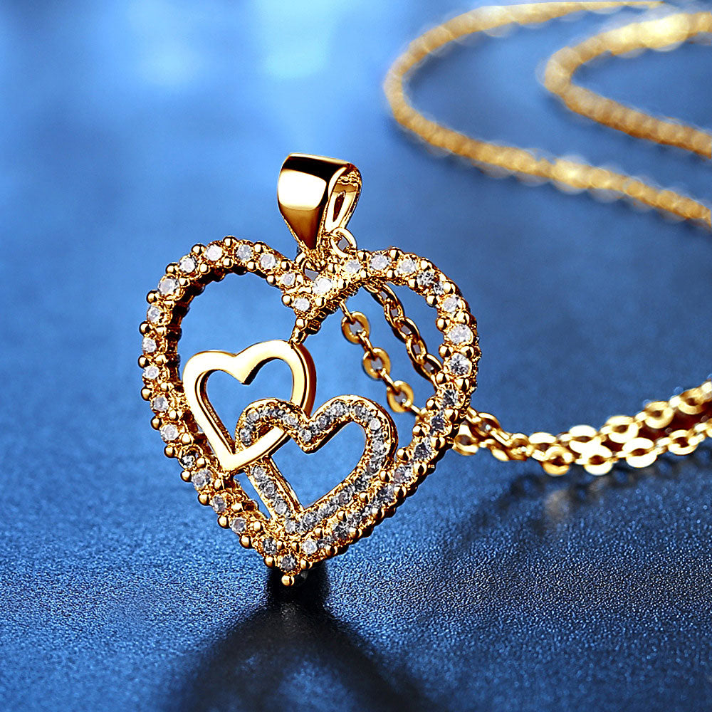 Double Heart Zircon Crystals Love Gold Tone Pendant Necklace