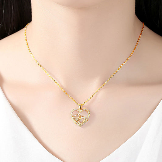 Double Heart Zircon Crystals Love Gold Tone Pendant Necklace