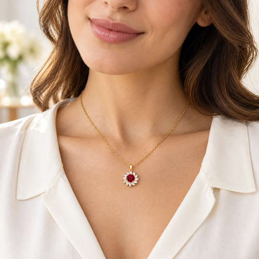Red Ruby Zircon Crystals Gold tone Pendant Necklace