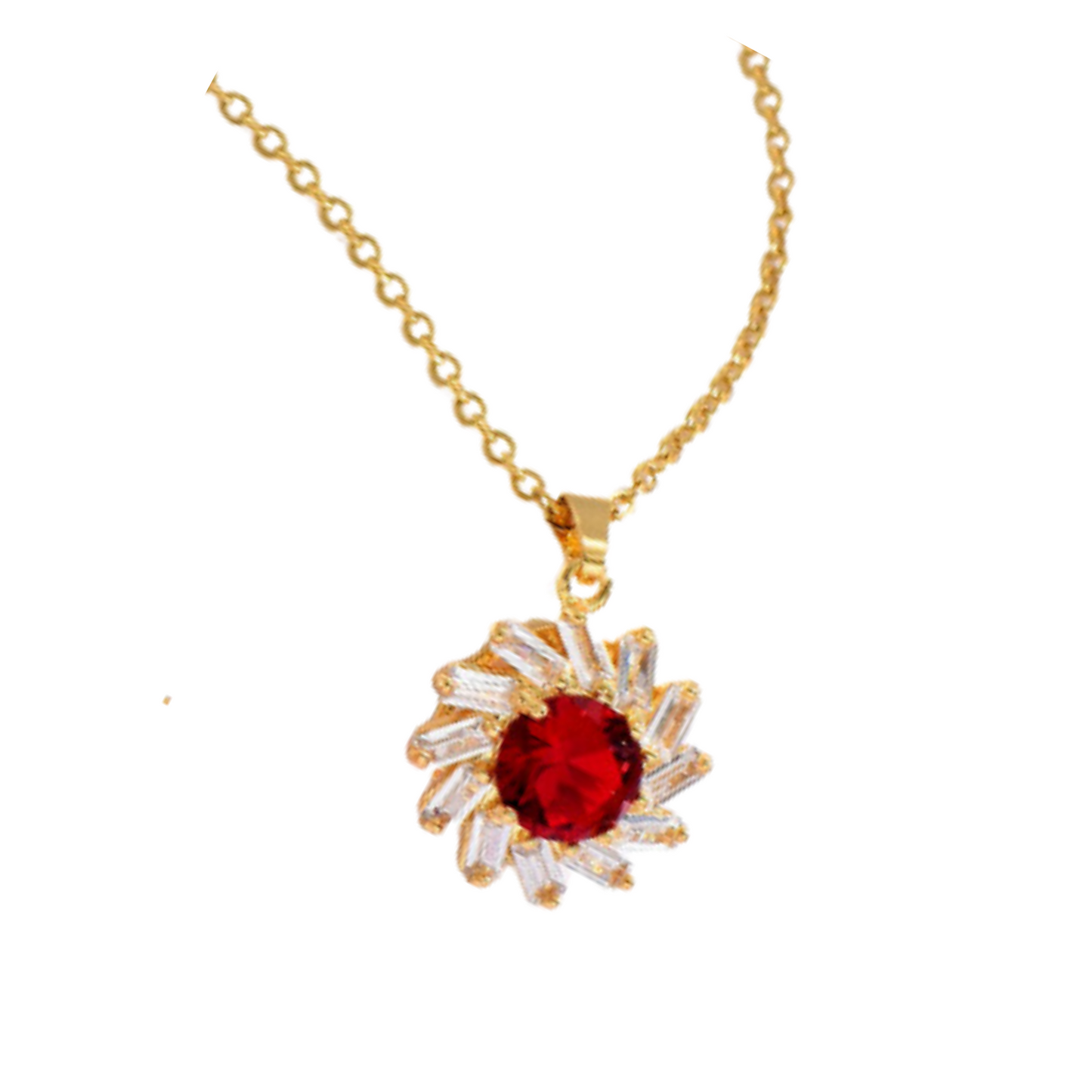 Red Ruby Zircon Crystals Gold tone Pendant Necklace